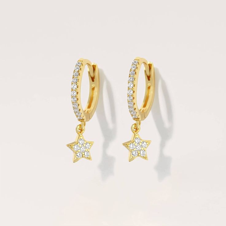 Pave Crystal 3A CZ Star Hoop Earrings - Silver _ Pair